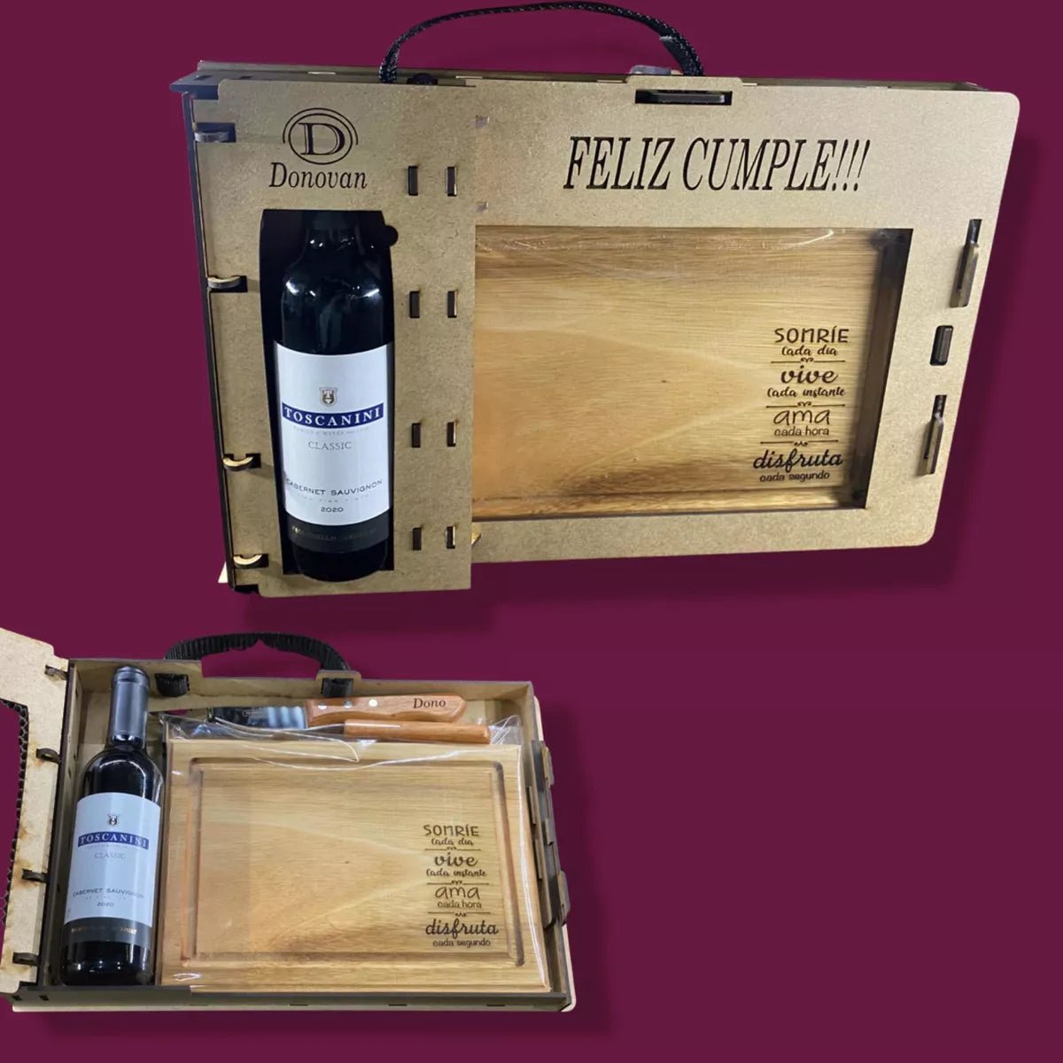 Set - Tabla + Cubiertos + Botella Vino -personalizado Láser - Imprenta Bascans - Impresión de Calidad a Medida desde 1952